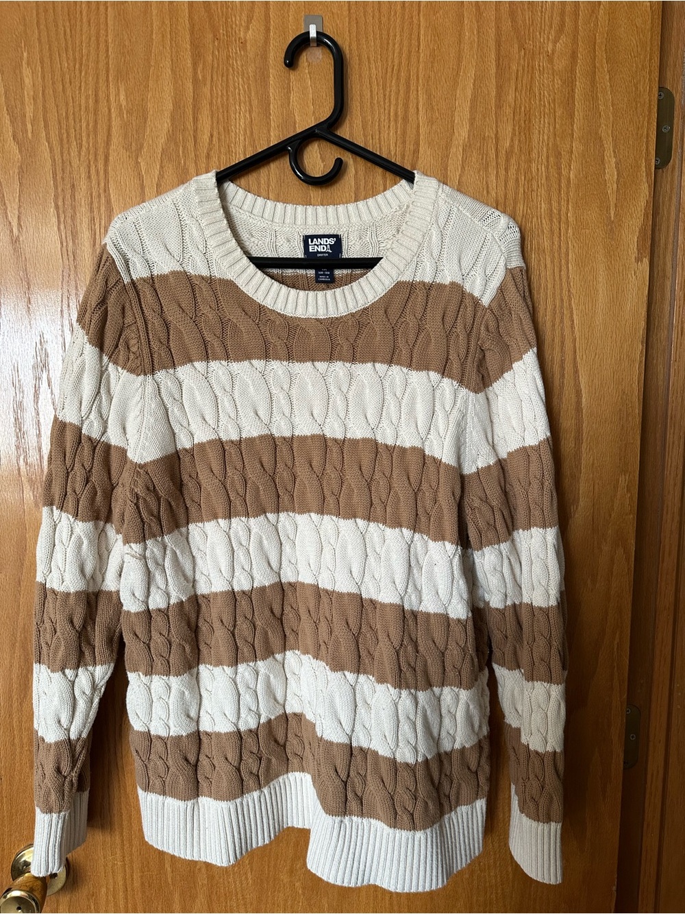 Lands' End Women’s Crewneck Cable Knit Sweater in Cream and Brown
